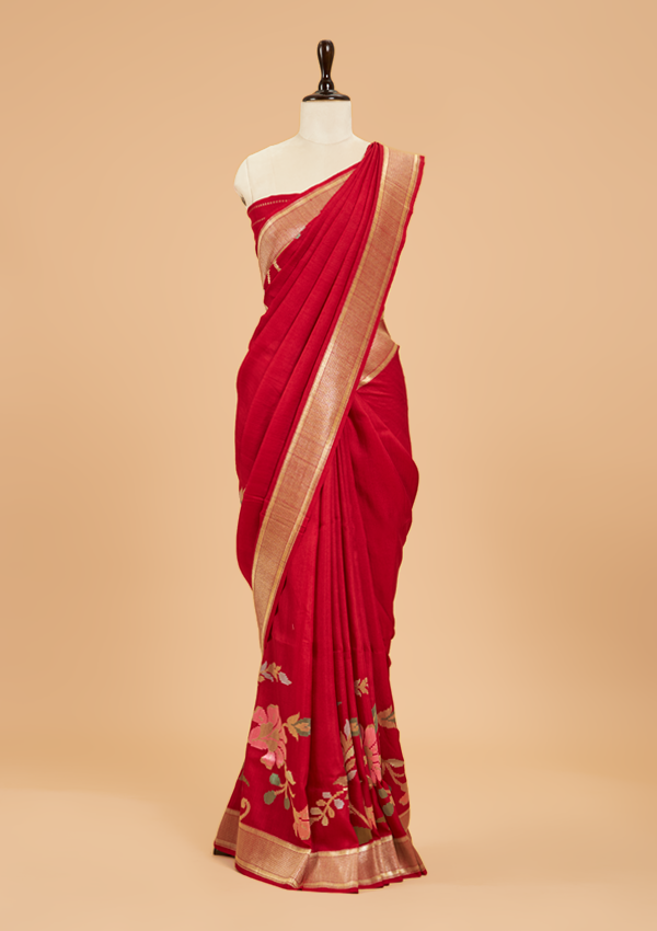 Red Plain Saree In Georgette Tussar