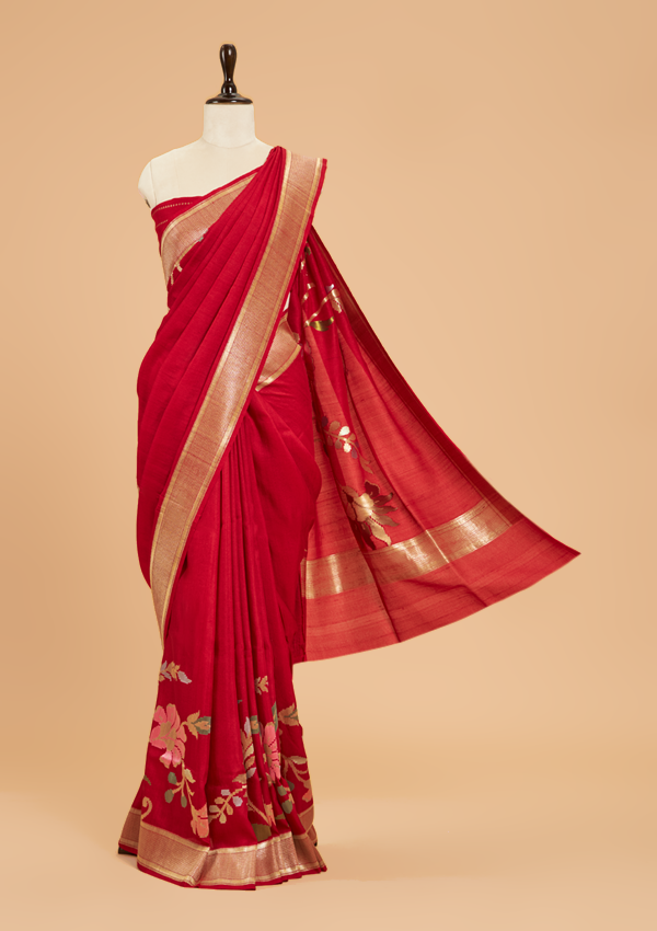 Red Plain Saree In Georgette Tussar