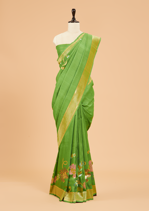 Green Plain Saree In Georgette Tussar