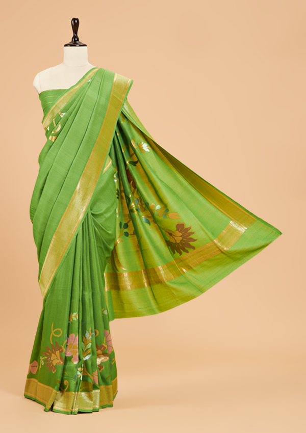 Green Plain Saree In Georgette Tussar