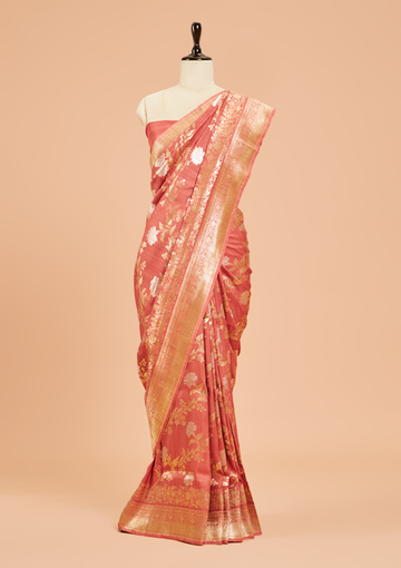 Peach Jaal Saree in Georgette Tussar