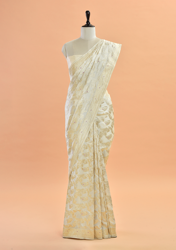 Off White Jaal  Saree in Silk