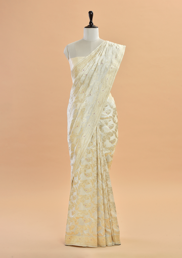 Off White Jaal  Saree in Silk