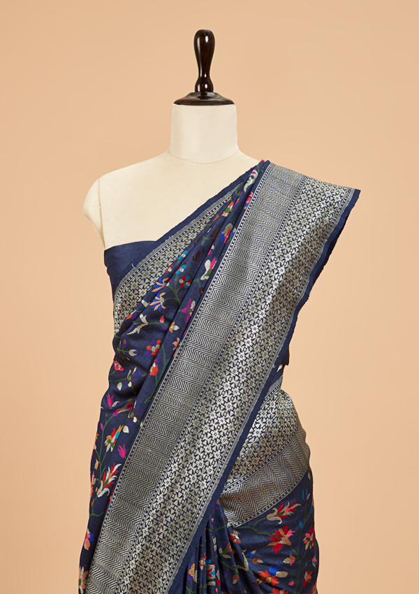 Navy Blue Jaal Saree in Georgette Tussar