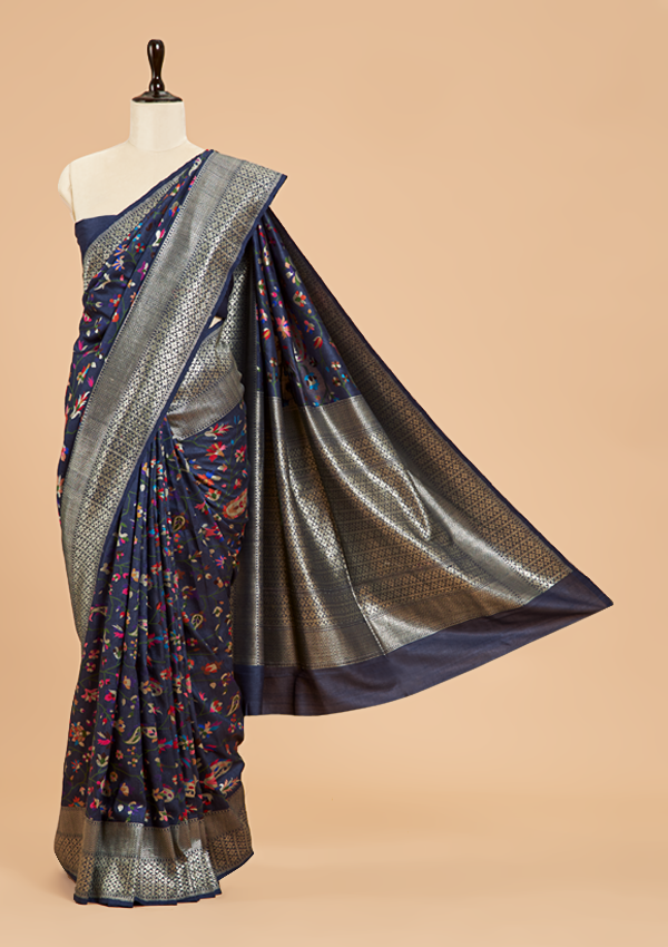 Navy Blue Jaal Saree in Georgette Tussar