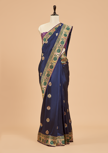 Navy Blue Butta Saree in Silk