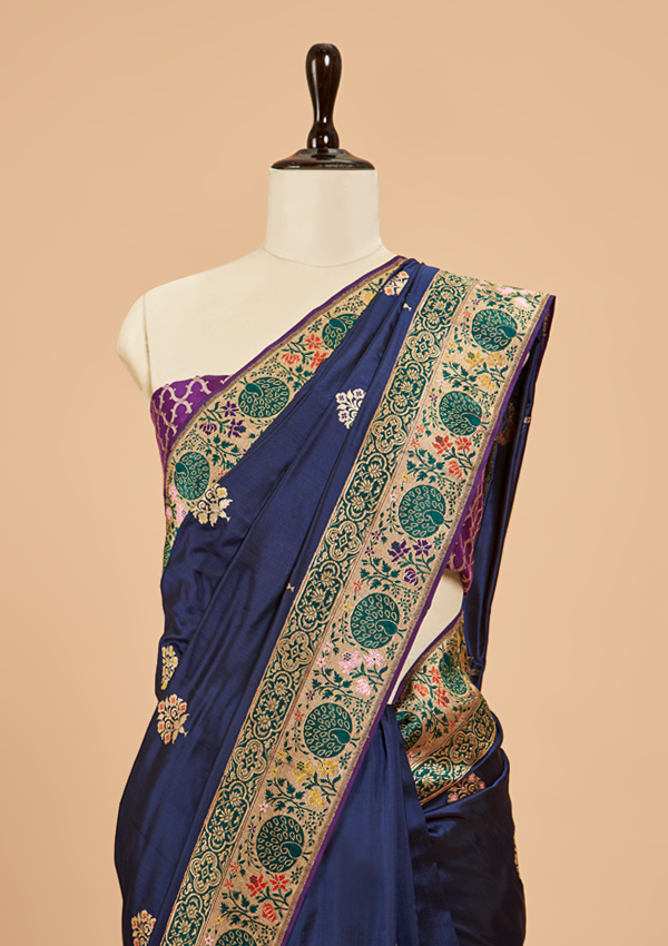 Navy Blue Butta Saree in Silk