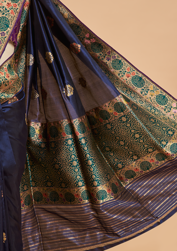 Navy Blue Butta Saree in Silk