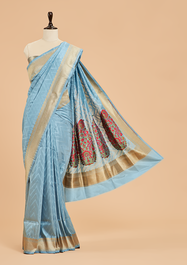 Sky Blue Plain Saree in Silk