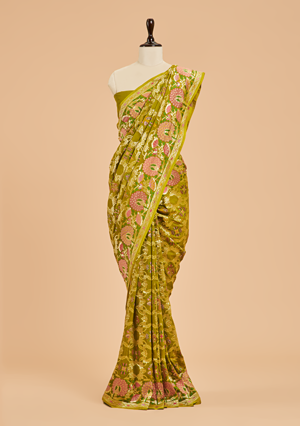 Olive Green Jaal Saree in Georgette