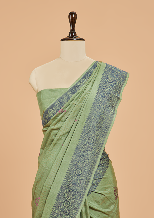 Jade Green without Zari Saree in Silk