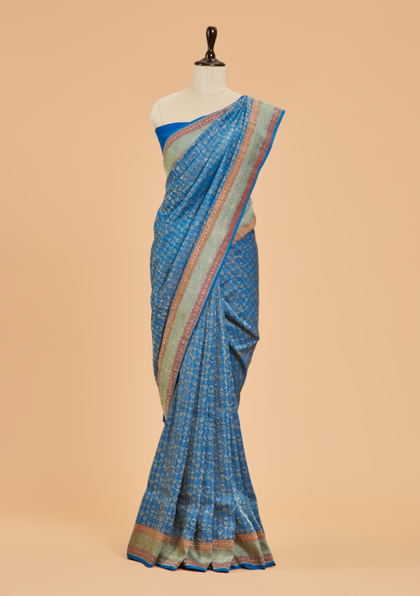 Royal Blue Brocade Saree in Georgette