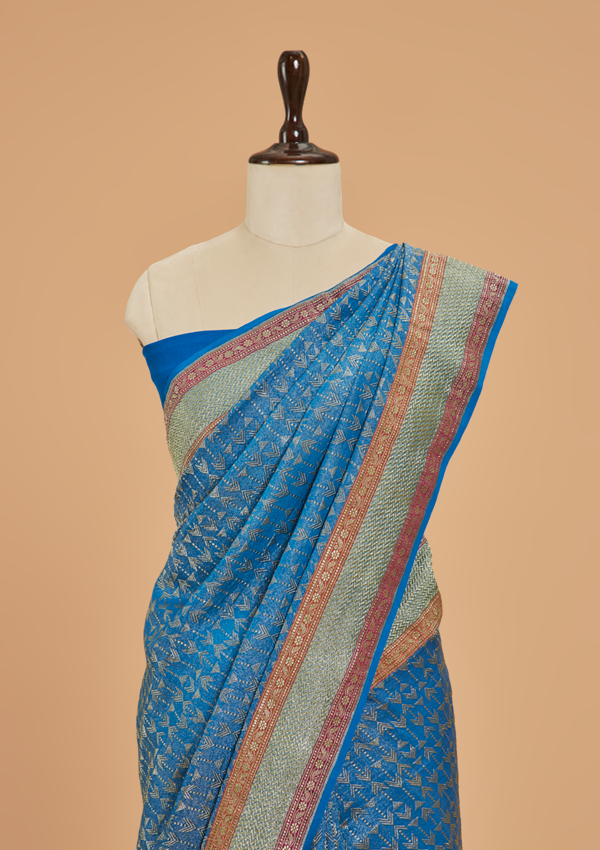 Royal Blue Brocade Saree in Georgette