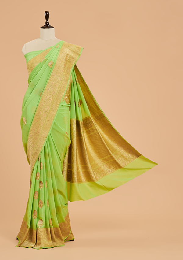 Lemon Green Butta Saree In Georgette