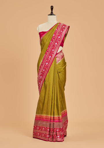 Mehndi Green Plain Saree in Tussar Silk