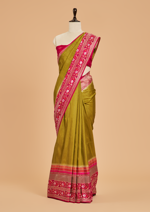 Mehndi Green Plain Saree in Tussar Silk