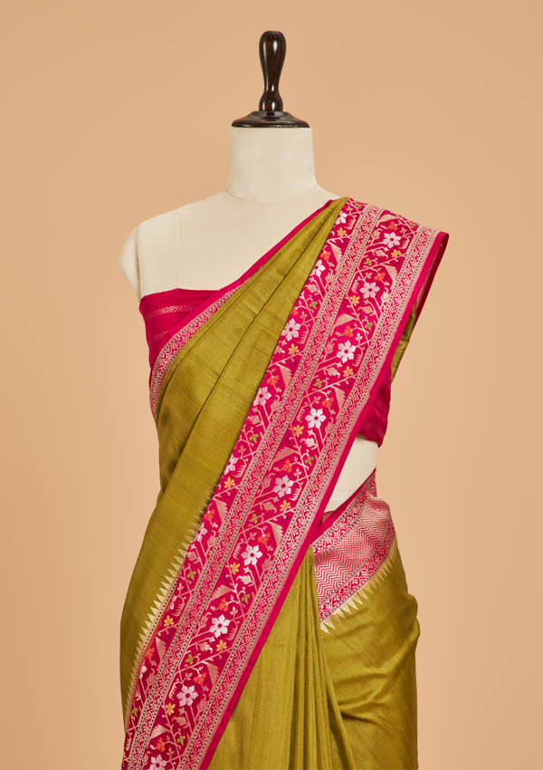 Mehndi Green Plain Saree in Tussar Silk