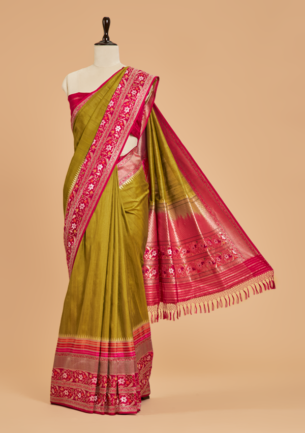 Mehndi Green Plain Saree in Tussar Silk