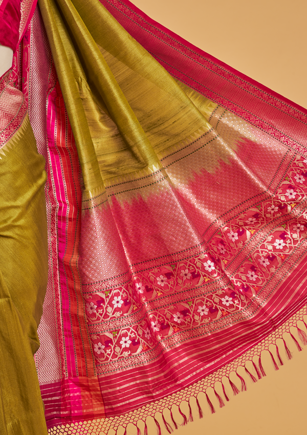 Mehndi Green Plain Saree in Tussar Silk