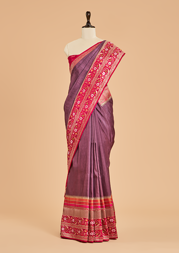 Wine Plain Saree in Tussar Silk