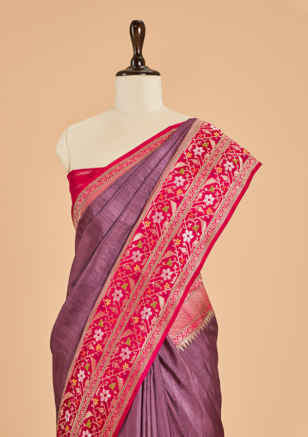 Wine Plain Saree in Tussar Silk