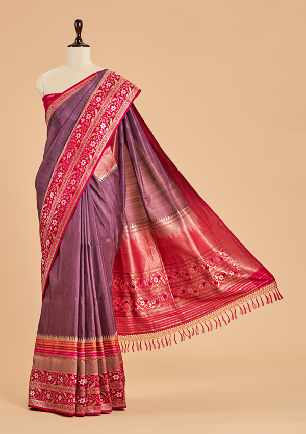 Wine Plain Saree in Tussar Silk