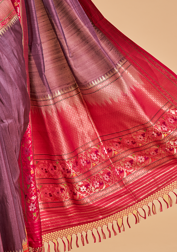 Wine Plain Saree in Tussar Silk