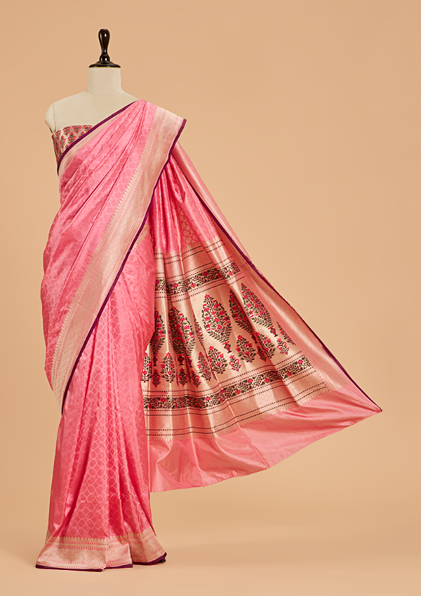 Gajar Pink Plain Saree in Silk