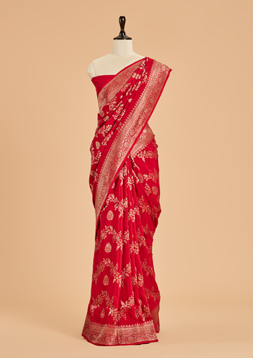Red Lehariya Saree in Muslin Silk