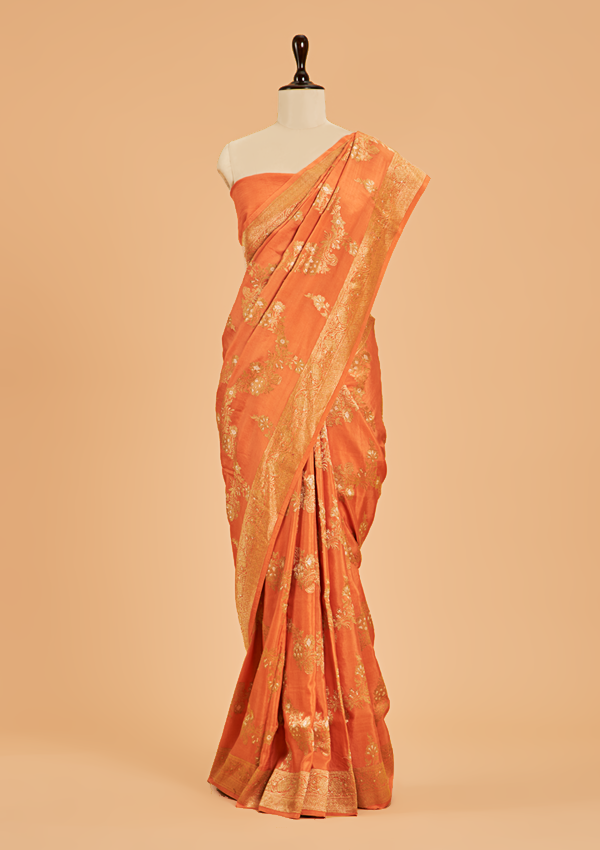 Orange Lehariya Saree in Muslin Silk