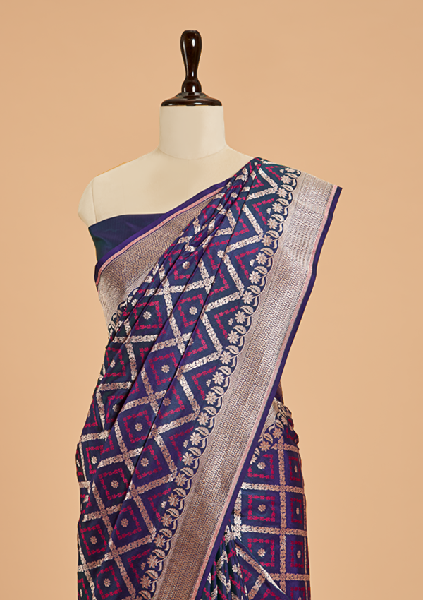 Navy Blue Jaal Saree in Silk