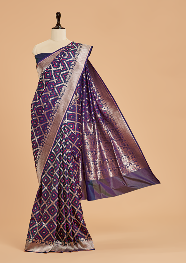 Navy Blue Jaal Saree in Silk