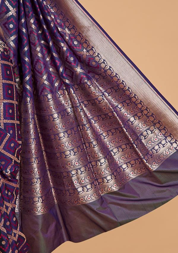 Navy Blue Jaal Saree in Silk