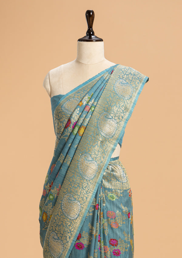 Cobalt Blue Kadwa Jaal Georgette Tussar Saree