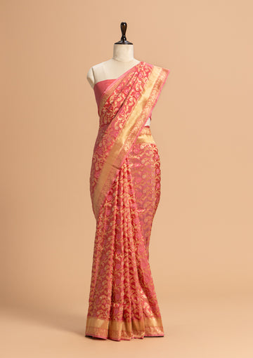 Gajar Pink Jamdani Silk saree