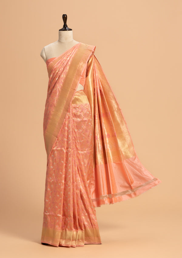 Peach Jamdani Silk Saree