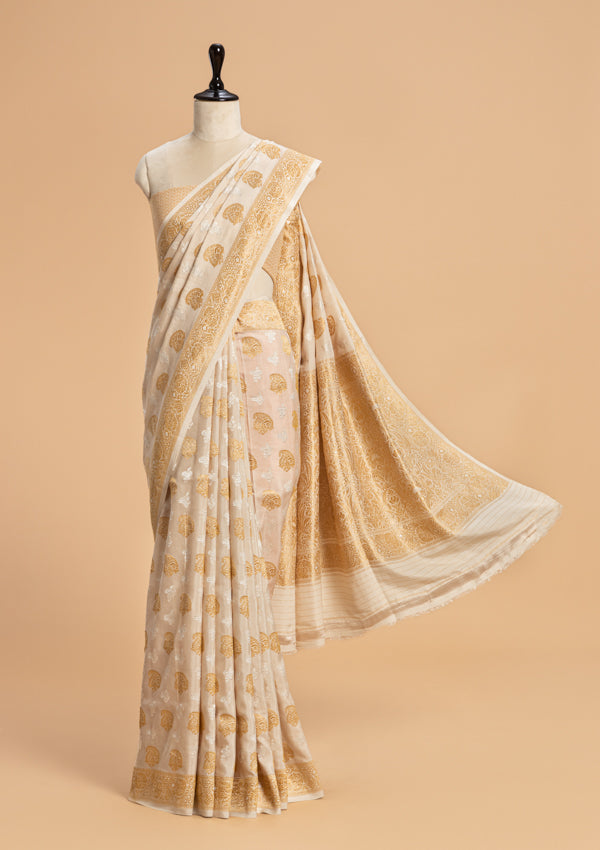 Off-White Kadwa Butta Muslin Silk Saree