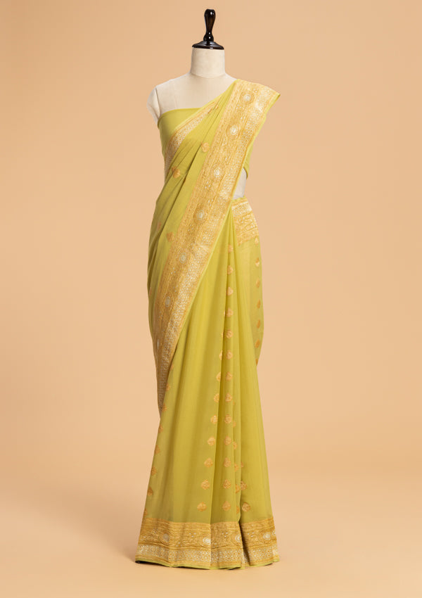 Light Green Kadwa Butta Georgette Saree